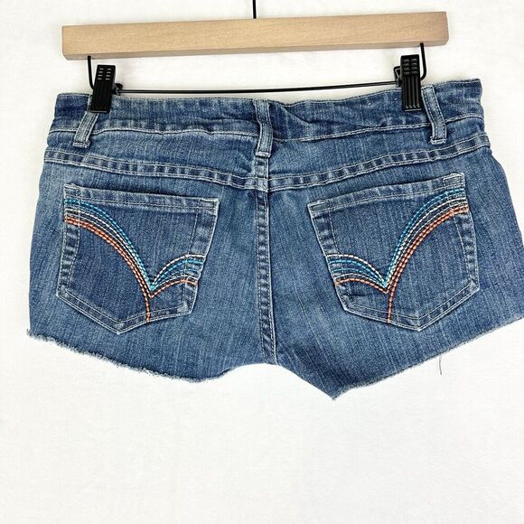 Vintage Rue 21 Y2K Low Rise Micro Mini Denim Shorts Size 5/6 Cutoff Embroidered - Picture 2 of 4